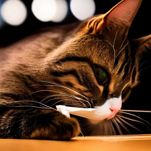Prompt: an adorable cat snorting cocaine off of a dimly lit bar, professional photography, 8k