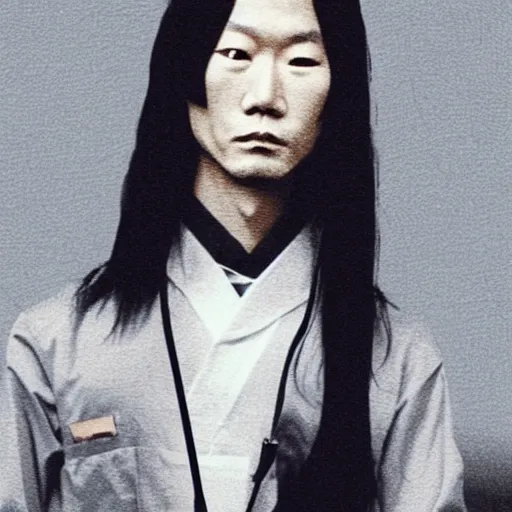 Prompt: a japanese man who is tall yet slender - waisted, sports an eye patch, has long hair tied back, and emits a deadly aura not unlike a dagger's edge, real photo