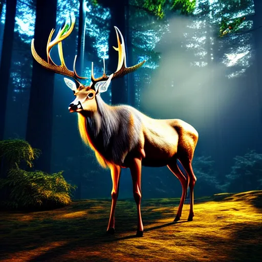 Image similar to beautiful hyper realistic stag. elven, celestial highly detailed magic athmospher. beautiful highly detailed forest background. blue light. sunlight rays throught the trees. intricate, elegant, long shot 8 k rendering.