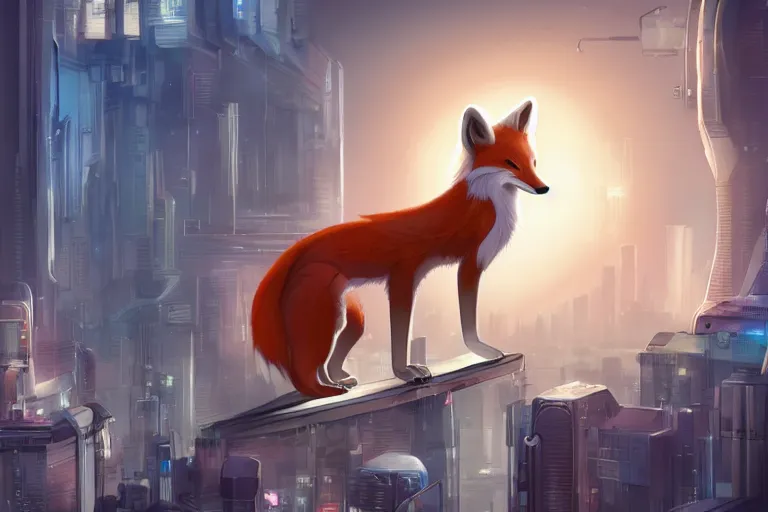 Image similar to an anthropomorphic fox with a fluffy tail staring over a futuristic city from the top of a roof, comic art, trending on furaffinity, cyberpunk, backlighting, cartoon