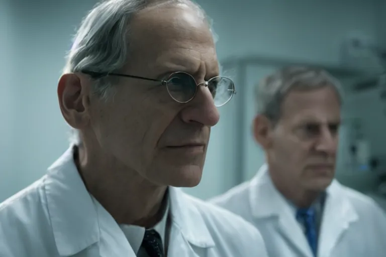 Image similar to an ultra realistic cinematic portrait of a skinny evil male scientist, stood in a lab, fog, detailed, backlight, deep focus, movie still, moody lighting, by werner herzog