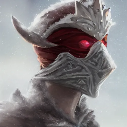 Image similar to a fantasy snow bandit from ‘ icewind dale ’ with a mask on, frost gem, ice, ‘ icewind dale 2 ’ profile portrait by ‘ justin sweet ’, falling snow, soft focus, illustrated, oil paint, artstation