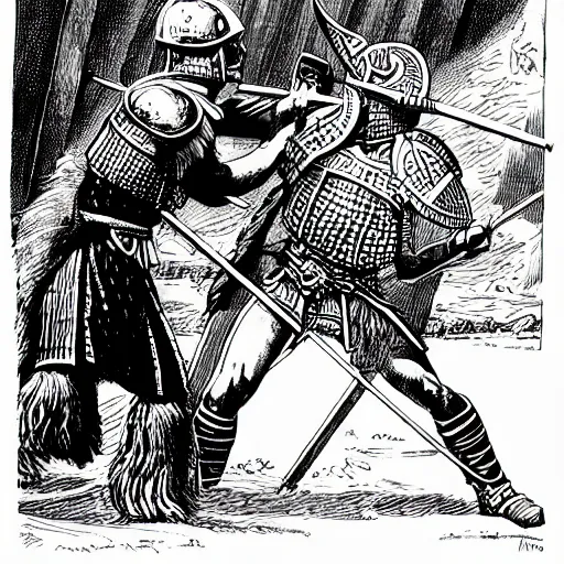 Prompt: viking berserker dueling british knight, hyper detailed black line illustration by Hal Foster