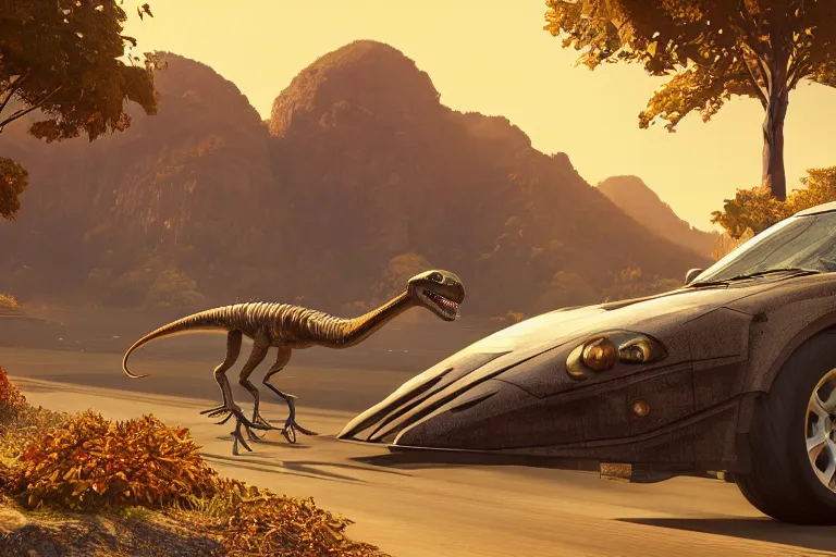 Prompt: velociraptor as car, stylized, design 3 dmax vray maya pixar unreal 5, hyperrealistic, octane render, dynamic lighting, intricate detail, harvest fall vibrancy, cinematic, beeple, by thomas kinkade global illumination ray tracing hdr, art gta 5 cover, official fanart behance hd artstation, jesper ejsing, rhads