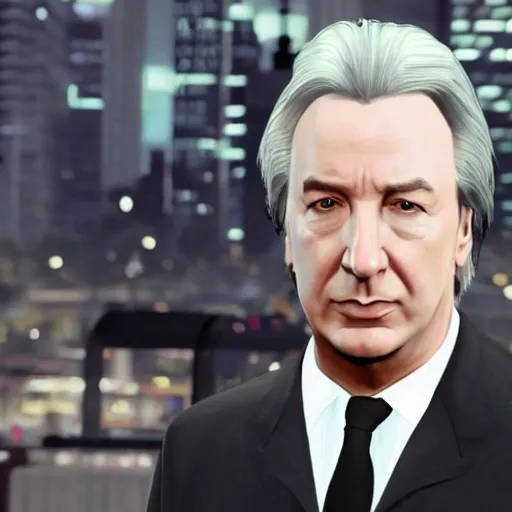 Prompt: Alan Rickman wearing a suit in a grand theft auto 5 loading screen