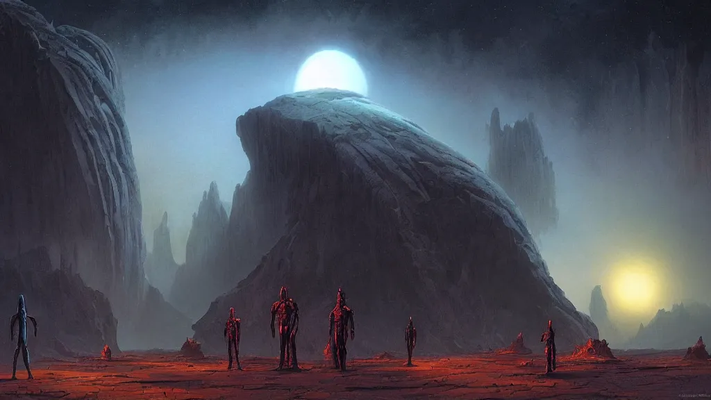 Image similar to eerie atmospheric alien worlds by michael whelan and stephan martiniere, cinematic matte painting