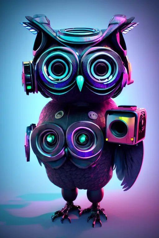 Image similar to high quality 3 d render very cute cyborg owl! with boombox, cyberpunk highly detailed, unreal engine cinematic smooth, in the style of blade runner & detective pikachu, hannah yata charlie immer, moody light, low angle, uhd 8 k, sharp focus