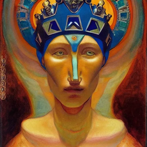 Image similar to the crown of madness, by Annie Swynnerton and Nicholas Roerich and Diego Rivera, bioluminescent skin, elaborate costume, geometric ornament, symbolist, rich color, dramatic cinematic lighting, smooth, sharp focus, extremely detailed