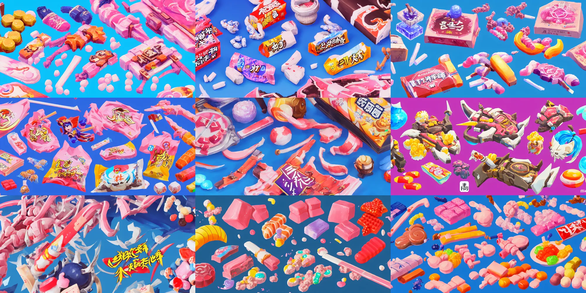 Prompt: game asset of japanese candy, in gouache detailed paintings, props, stylized, 2 d sprites, kitbash, arcane, overwatch, blue and pink color scheme, 8 k, close up