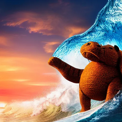 Image similar to a closeup photorealistic photograph of a cute smiling knitted tiger hippopotamus riding an epic wave at sunset. surf in the background. professional capture. brightly lit scene. this 4 k hd image is trending on artstation, featured on behance, well - rendered, extra crisp, features intricate detail, epic composition and the style of unreal engine.