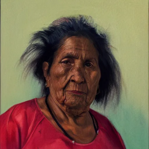 Image similar to a painting of a lantina elder woman by Lynette Yiadom-Boakye . details, smooth, sharp focus, illustration, realistic, cinematic, artstation, award winning, rgb , unreal engine, octane render, cinematic light, macro, depth of field, blur, red light and clouds from the back, highly detailed epic cinematic concept art CG render made in Maya, Blender and Photoshop, octane render, excellent composition, dynamic dramatic cinematic lighting, aesthetic, very inspirational, arthouse.