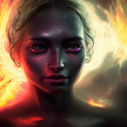 Prompt: a beautiful portrait of a young cosmic Demon women covered in deep purple flames with an intense look on her face by Greg Rutkowski, Sung Choi, Mitchell Mohrhauser, Maciej Kuciara, Johnson Ting, Maxim Verehin, Peter Konig, Bloodborne , 8k photorealistic, cinematic lighting, HD, high details, atmospheric , trending on artstation