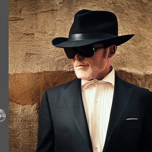 Prompt: film still, extreme long shot, of an enigmatic mysterious man, making a smuck smile, face unseen by wearing a luxury designer fedora and chopard sunglasses, expensive outfit, elegant, casual, intricate, symmetrical, realistic, rich moody colors, by annie leibovitz, canon eos 5 d mark iv camera