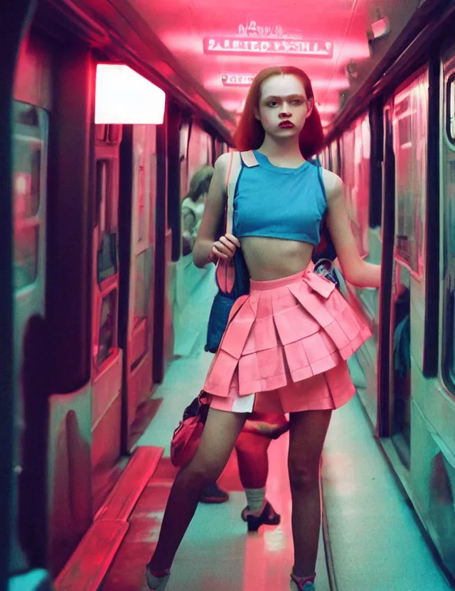 Image similar to school girl with a strong makeup in a subway train, neon light, wide angle coloured polaroid photograph with flash, kodak film stock, hyper real, stunning moody cinematography, with anamorphic lenses, by maripol, fallen angels by wong kar - wai, style of suspiria and neon demon, detailed