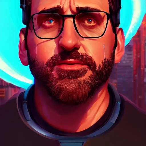 Prompt: Portrait of a cyborg Steve Carell, mattepainting concept Blizzard pixar maya engine on stylized background splash comics global illumination lighting artstation lois van baarle, ilya kuvshinov, rossdraws