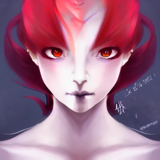 Image similar to facial portrait of a young pretty anime woman, long red hair, dark eyes, gothic eyeliner, character concept art, headshot, Charlie Bowater, Anna Dittmann, WLOP, Rumiko Takahashi, Akihiko Yoshida, Hyung-tae Kim, alexander mcqueen, trending on Artstation