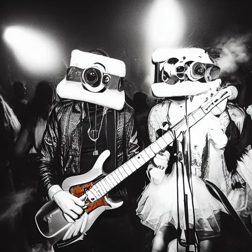 Prompt: scandy and arender playing a live gig at night time with masks on, beautiful girls, colored lights, stroboscope, heavy fog machine, no faces visible, huge crowd on drugs, ecstatic crowd, photorealistic photography