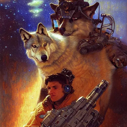 Image similar to portrait of a wolf in uniform starship stars. shadowrun furaffiniy cyberpunk fantasy highly detailed painting by gaston bussiere craig mullins jc leyendecker gustav klimt artgerm greg rutkowski john berkey, bergey, craig mullins, ruan jia, raymond swanland, jeremy mann, tom lovell, alex malveda