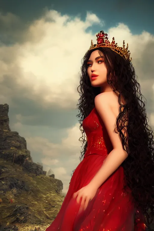 Image similar to dreamy beautiful persian asian princess in clouds, green eyes, red dress, long black curly hair, smiling, wearing a diamond tiara, face, highly detailed, artstation, concept art, sharp focus, hyper realistic, octane render, unreal engine, 8 k