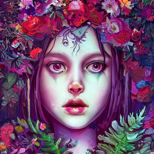 Prompt: a painting of a beatiful young zombie girl with a lot of flowers and plants on its head, poster art by android jones, behance contest winner, generativ line art, glowing, shallow depth of field, 5 0 mm, full body!! symmetry