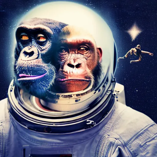 Image similar to double exposure portrait split in the middle of a astronaut and one chimpanzee in a suit posing with space in the background, pencil sketch, high definition, dynamic lighting stars, sharpness, golden ratio