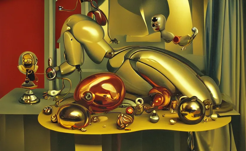 Image similar to strange curvy seductive futuristic robot body, enticing colorful oil painting dutch golden age vanitas eros still life sparse composition with bulbous objects strange gooey transparent surfaces shiny metal reflections bizarre mutant meat insects rachel ruysch dali todd schorr very detailed perfect composition rule of thirds masterpiece canon 5 0 mm, cinematic lighting, photography, retro, film, kodachrome