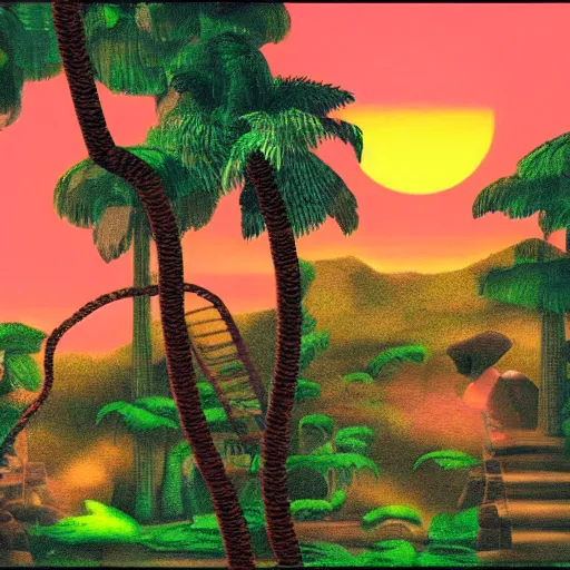 Prompt: still of sunset in the jungle of donkey kong country snes, in the movie hook, real life, photorealistic, soft focus, long exposure