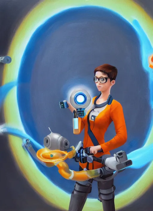 Prompt: full body oil painting of the character tracer holding a portal gun standing in a portal 2 test chamber, valve,