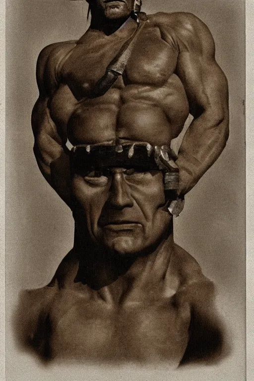 Image similar to he - man, portrait, full body, symmetrical features, silver iodide, 1 8 8 0 photograph, sepia tone, aged paper, sergio leone, master prime lenses, cinematic