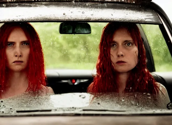 Image similar to A very high resolution image from a new movie, inside of a car, red hair woman, raining, hot, directed by wes anderson