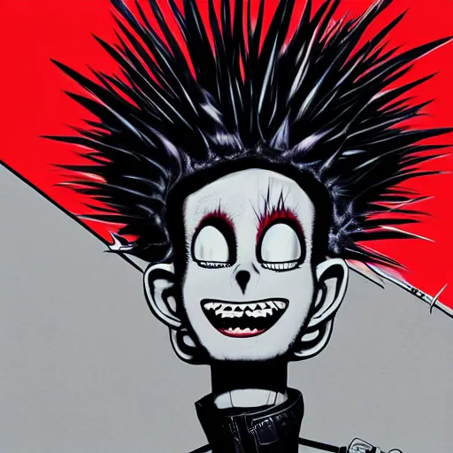 Image similar to a red punk rock rapper alien with black spiked hair, an airbrush painting by Jamie Hewlett, black background, cgsociety, symbolism, antichrist, aesthetic, 8k