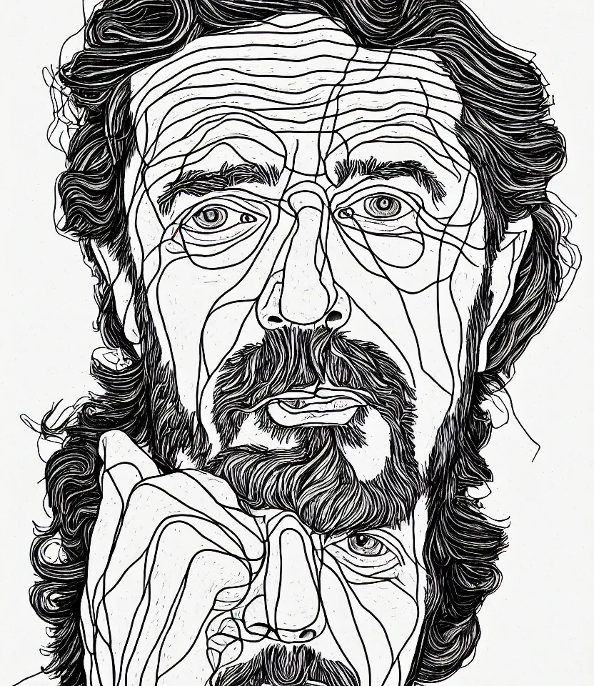 Image similar to detailed line art portrait of alan watts, inspired by egon schiele. caricatural, minimalist, bold contour lines, musicality, soft twirls curls and curves, confident personality, raw emotion