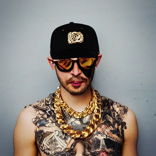 Image similar to “ a highly detailed award winning photo of an eldritch abomination wearing a snapback and a gold chain, photo by terry richardson ”