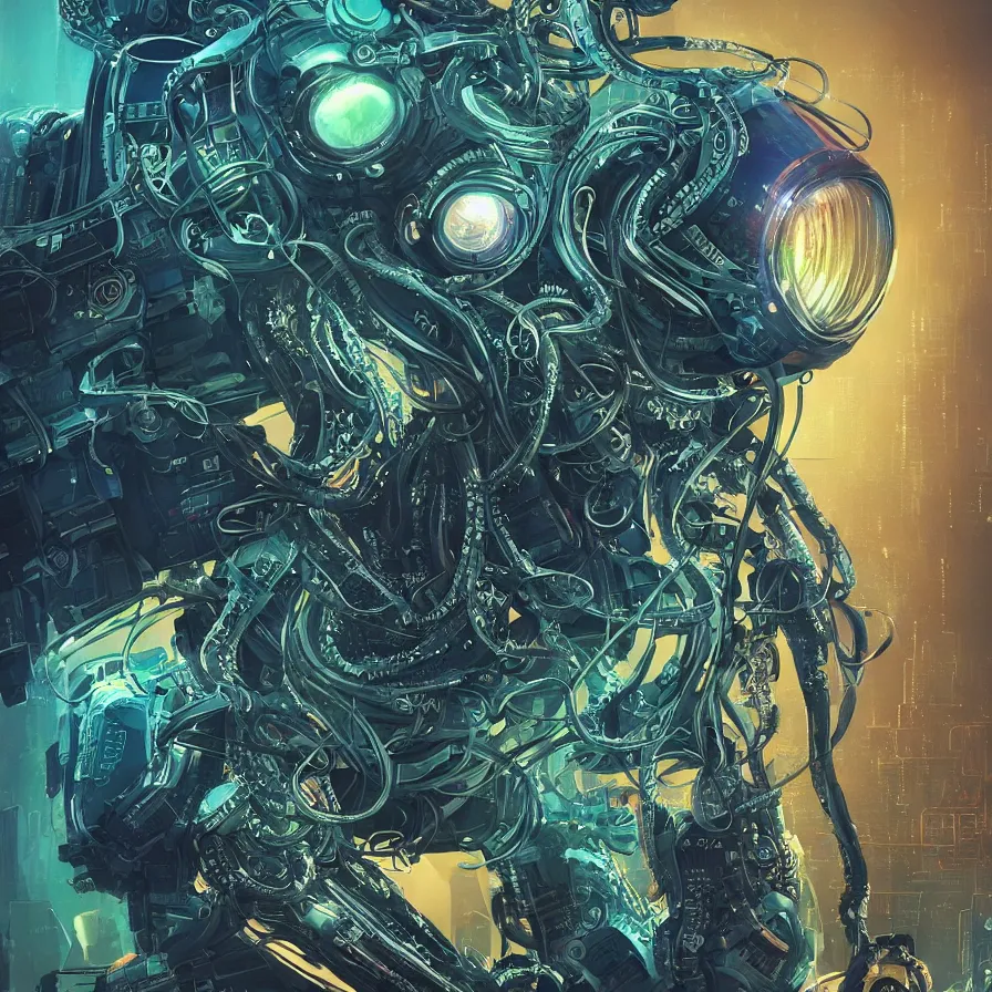 Image similar to portrait of a squid monster astronaut. full body portrait, intricate abstract. cyberpunk, intricate artwork. neon eyes, by Tooth Wu, wlop, beeple. octane render, trending on artstation, greg rutkowski very coherent symmetrical artwork. cinematic, hyper realism, high detail, octane render, 8k, minimalistic, hyperrealistic surrealism, award winning masterpiece with incredible details, a surreal vaporwave liminal space, highly detailed, trending on ArtStation