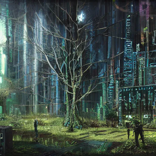 Prompt: a cyberpunk forest, realistic