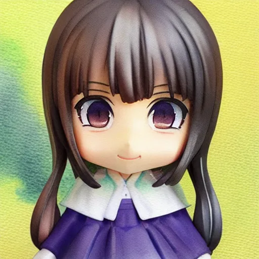 Image similar to high quality portrait watercolor painting of nendoroid cute girl by hayao miyazaki , medium close-up