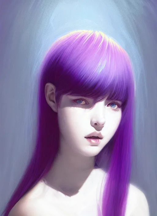 Image similar to hair whitebangs hair, black hair, whitebangs, portrait of teenage girl with white bangs, red irises, purple clothes, white bangs, bangs are different color from hair, intricate, elegant, glowing lights, highly detailed, digital painting, artstation, concept art, smooth, sharp focus, illustration, art by wlop, mars ravelo and greg rutkowski