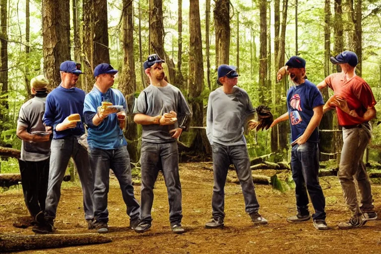 Image similar to mid - thirties guys in baseball caps binge drinking in a forest, in the style of skovgaard