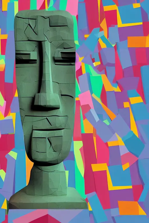 Image similar to cubist moai statue cutout digital illustration cartoon colorful beeple