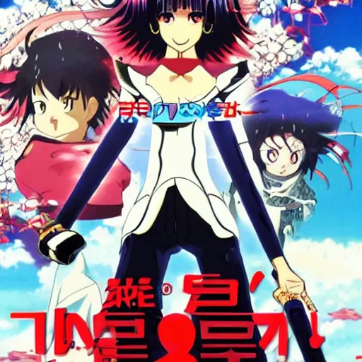 Image similar to incredibly powerful anime girl, created by hideaki anno + katsuhiro otomo, rumiko takahashi, movie poster style, box office hit, a masterpiece of storytelling, main character center focus, monsters, mech creatures locked in combat, nuclear explosions paint sky, highly detailed 8 k