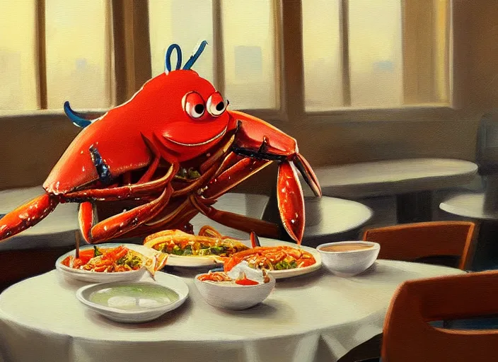 Prompt: a painting of mr krabs eating at a restaurant, highly detailed, photorealistic, trending on artstation, cgsociety, sharp focus