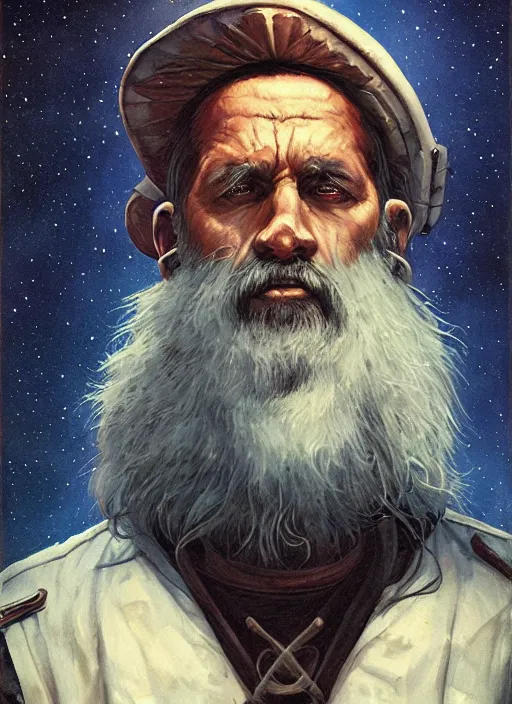 Image similar to portrait of grizzled sailor, night sky background, coherent! by brom, deep color, strong line, high contrast