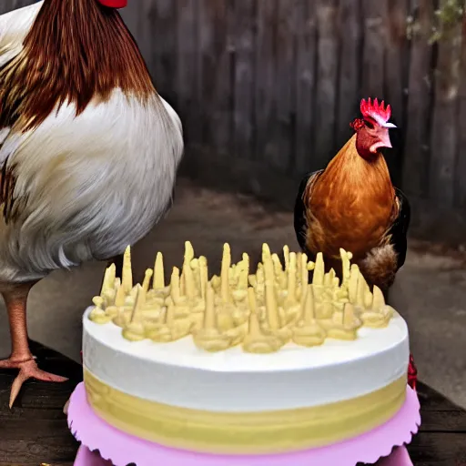 Image similar to realistic true to life photo in a barnyard where 1 rooster and 1 light yellow baby chick pick at a birthday cake