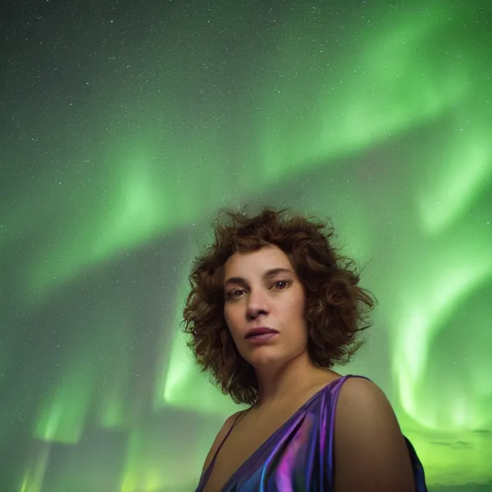 Image similar to closeup portrait of a woman wrapped in iridescent foil, standing in stewart island in new zealand, aurora australis southern lights in background, color photograph, by vincent desiderio, canon eos c 3 0 0, ƒ 1. 8, 3 5 mm, 8 k, medium - format print