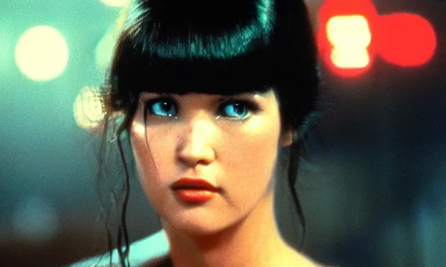 Image similar to full - color cinematic movie still from the 1 9 8 2 film blade runner starring actress phoebe cates. science - fiction ; action ; neon ; gritty ; dystopian ; detective mystery. detailed facial - features.