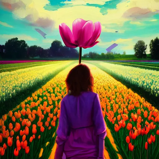 Prompt: large tulip as a head, girl walking in a flower field, surreal photography, sunrise dramatic light, impressionist painting, colorful clouds, digital painting, artstation, simon stalenhag