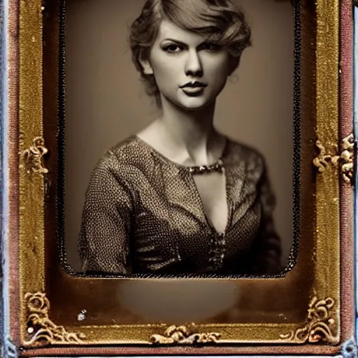 Prompt: daguerreotype of taylor swift wearing southern belle clothes, very detailed, very intricate,