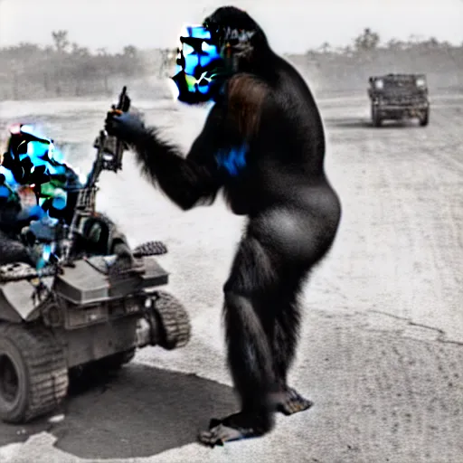 Prompt: A gorilla manning the machine gun mounted on the back of a technical