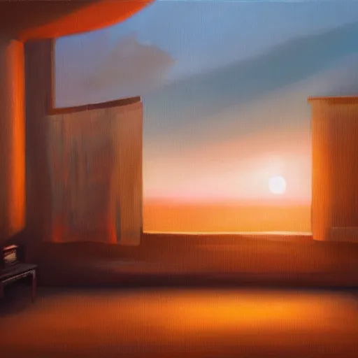 Prompt: a y 2 k room, sunset, oil painting, pale colors, high detail, 8 k, wide angle, trending on artstation,
