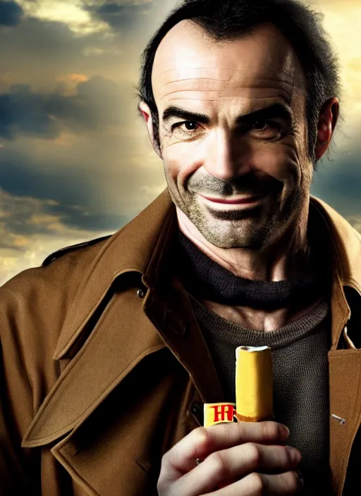 Prompt: photorealistic photography of paul blackthorne as harry dresden posing as a charismatic smiling thief!, with a light brown trench coat and a cigarette, in dresden files movie, super detailed, hd